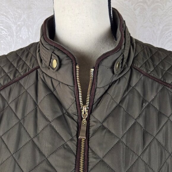 Active USA Size Medium Olive Green Quilted Zip Front Vest Brown Trim Pockets - Picture 2 of 13
